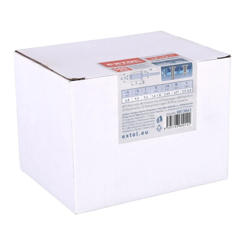 EXTOL PREMIUM popszegecs klt. alu, 500 db, méret: 4,8×19,0 mm