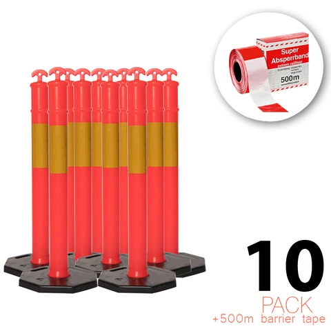 (10 Csomag) Flexibarrier T-Top Oszlop talppal + 500 m Figyelmeztető szalag – 115 cm